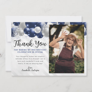 Navy Blue Silver Balloon Glitter Photo Birthday Thank You Card