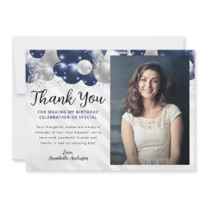 Navy Blue Silver Balloon Glitter Photo Birthday Thank You Card