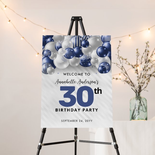 Navy Blue Silver Balloon Glitter Welcome Birthday Foam Board (In Situ (Stand))