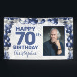Navy Blue Silver Balloon Photo 70th Birthday Banner<br><div class="desc">Modern Navy Blue Silver Gray Glitter Sparkle Balloon Confetti Happy Birthday Photo Any Age Party Banner</div>