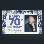 Navy Blue Silver Balloon Photo 70th Birthday Banner<br><div class="desc">Modern Navy Blue Silver Gray Glitter Sparkle Balloon Confetti Happy Birthday Photo Any Age Party Banner</div>