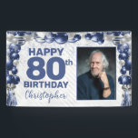 Navy Blue Silver Balloon Photo 80th Birthday Banner<br><div class="desc">Modern Navy Blue Silver Gray Glitter Sparkle Balloon Confetti Happy Birthday Photo Any Age Party Banner</div>