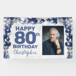 Navy Blue Silver Balloon Photo 80th Birthday Banner