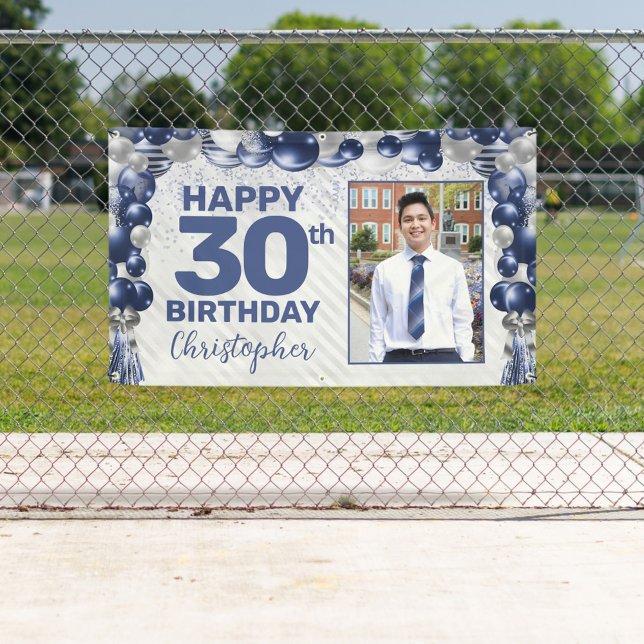 Navy Blue Silver Balloon Photo Any Age Birthday Banner (Creator Uploaded)