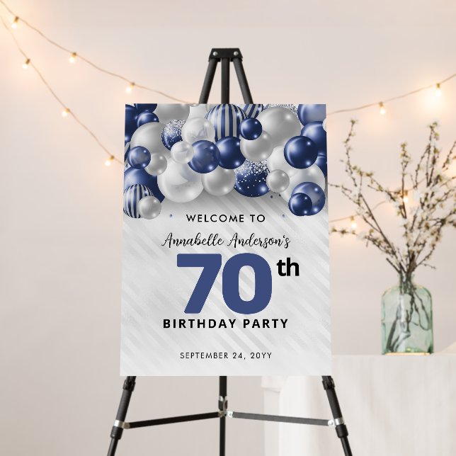 Navy Blue Silver Balloon Welcome 70th Birthday Foam Board (In Situ (Stand))