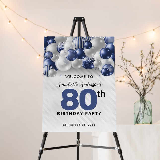 Navy Blue Silver Balloon Welcome 80th Birthday Foam Board (In Situ (Stand))