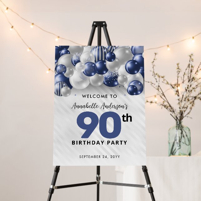 Navy Blue Silver Balloon Welcome 90th Birthday Foam Board (In Situ (Stand))