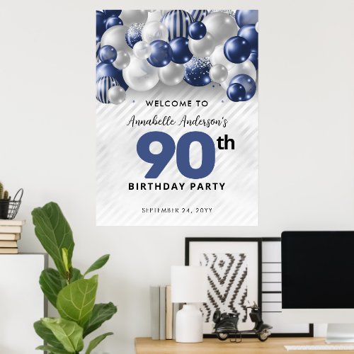 Navy Blue Silver Balloon Welcome 90th Birthday Poster