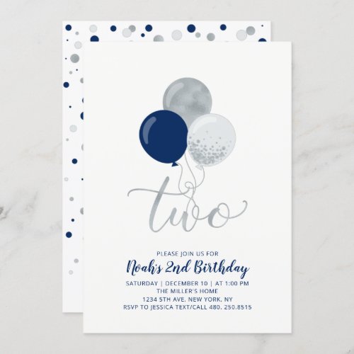 Navy Blue  Silver Balloons Boy 2nd Birthday Party Invitation