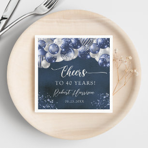 Navy Blue & Silver Balloons Cheers Birthday Custom Napkins