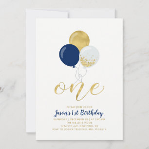 Navy Blue & Silver Balloons   One 1st Boy Birthday Invitation