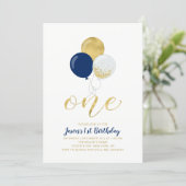 Navy Blue & Silver Balloons | One 1st Boy Birthday Invitation (Standing Front)