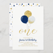 Navy Blue & Silver Balloons | One 1st Boy Birthday Invitation (Front/Back)