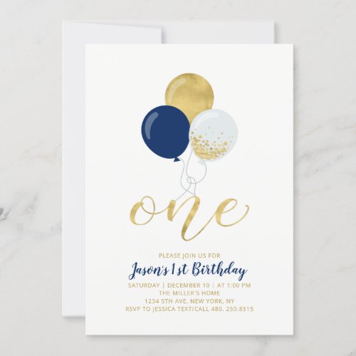 Navy Blue  Silver Balloons  One 1st Boy Birthday Invitation