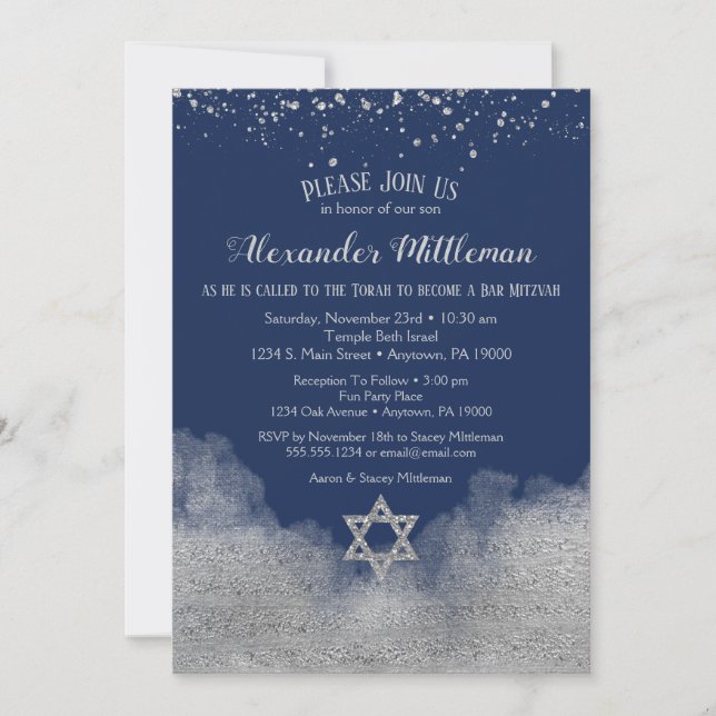 Navy Blue Silver Bar Mitzvah Invitation (Front)