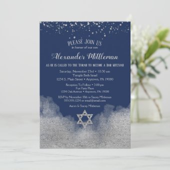 Navy Blue Silver Bar Mitzvah Invitation | Zazzle