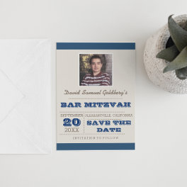 Navy Blue & Silver Bar Mitzvah Save the Date Announcement Postcard