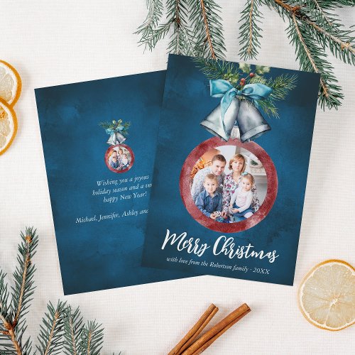Navy Blue  Silver Bells Christmas Photo Holiday Card