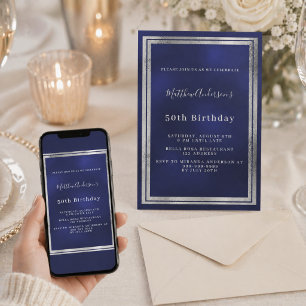 Navy blue silver birthday invitation