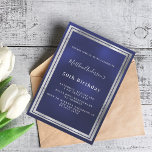 Navy blue silver birthday invitation<br><div class="desc">A trendy,  modern 50th (or any age) birthday party invitation card for men,  guys,  male.   A navy blue background. The blue color is uneven.  With a faux silver frame. Personalize and add your name and party details.
Back: blue background</div>