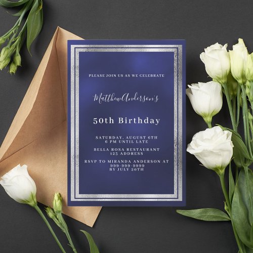 Navy blue silver birthday luxury invitation