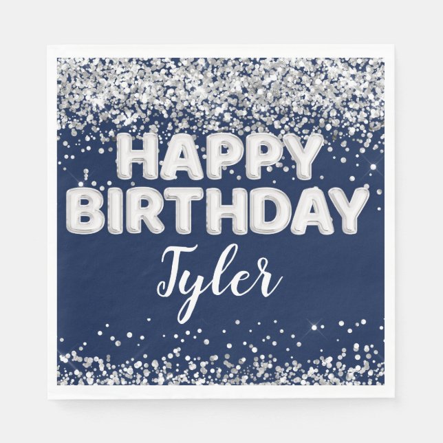 Navy Blue Silver Birthday Party Napkins (Front)