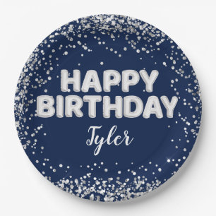 Navy Blue Silver Birthday Party Paper Plates