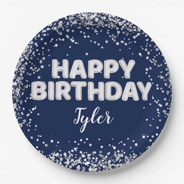 Navy Blue Silver Birthday Party Paper Plates (Front)