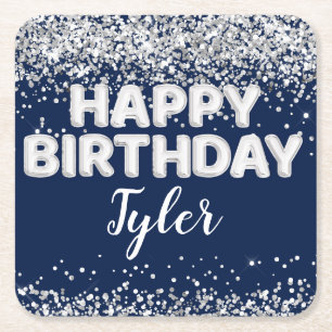 Navy Blue Silver Birthday Party Square Paper Coaster