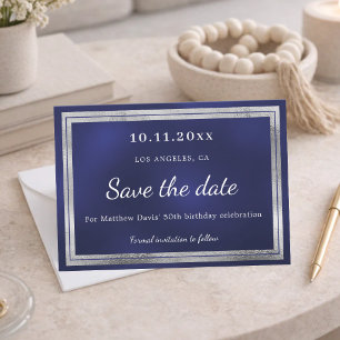 Navy blue silver Birthday Save The Date Card