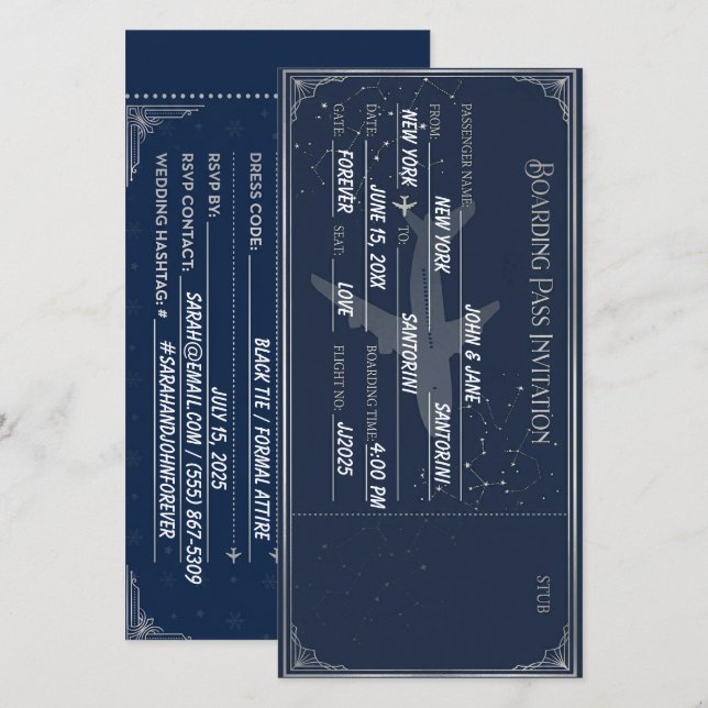Navy Blue & Silver boarding pass save the date (Front/Back)