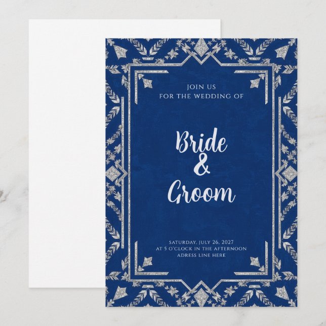 Navy Blue Silver Botanical Snowflake Winter Invitation (Front/Back)