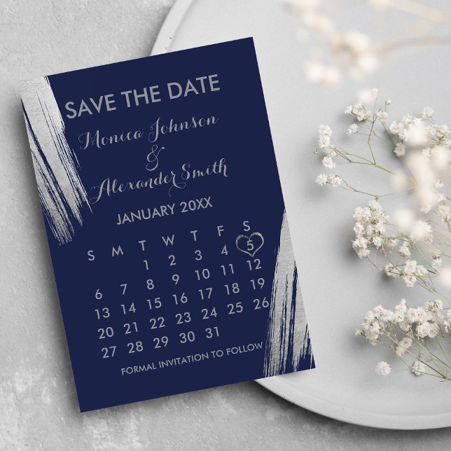 Navy Blue Silver Brushstrokes Calendar Wedding Save The Date (Navy Blue Silver Brushstrokes Calendar Wedding Save The Date)