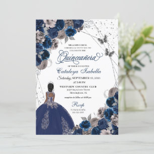 Navy Blue & Silver Butterfly Princess Quinceanera Invitation