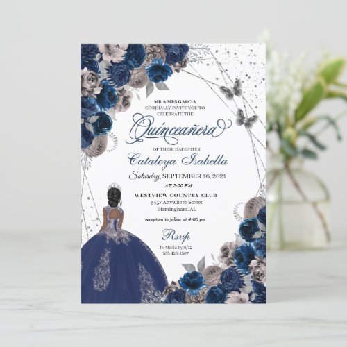 Navy Blue  Silver Butterfly Princess Quinceanera Invitation