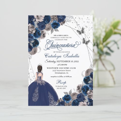 Navy Blue  Silver Butterfly Princess Quinceanera Invitation