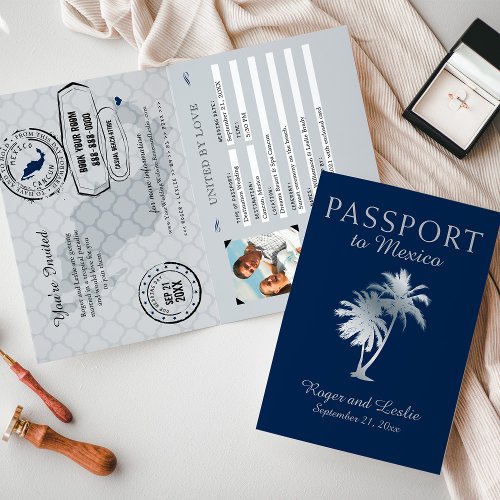 Navy Blue Silver Cancun Mexico Wedding Passport Invitation