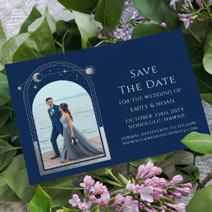 Navy Blue Silver Celestial Sun Moon Stars Photo Save The Date