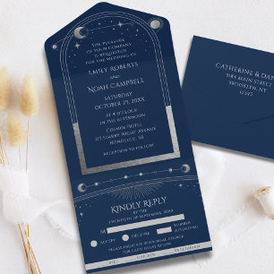 Navy Blue Silver Celestial Sun Moon Stars Wedding All In One Invitation