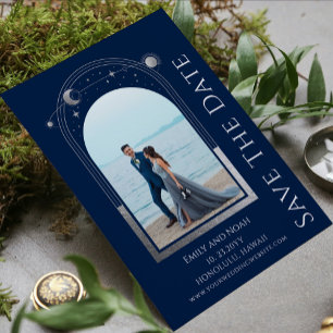 Navy Blue Silver Celestial Sun Moon Stars Wedding Save The Date