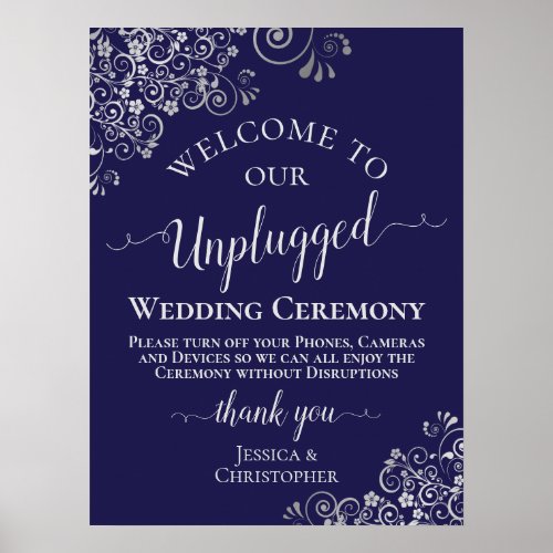 Navy Blue  Silver Chic Unplugged Wedding Ceremony Poster