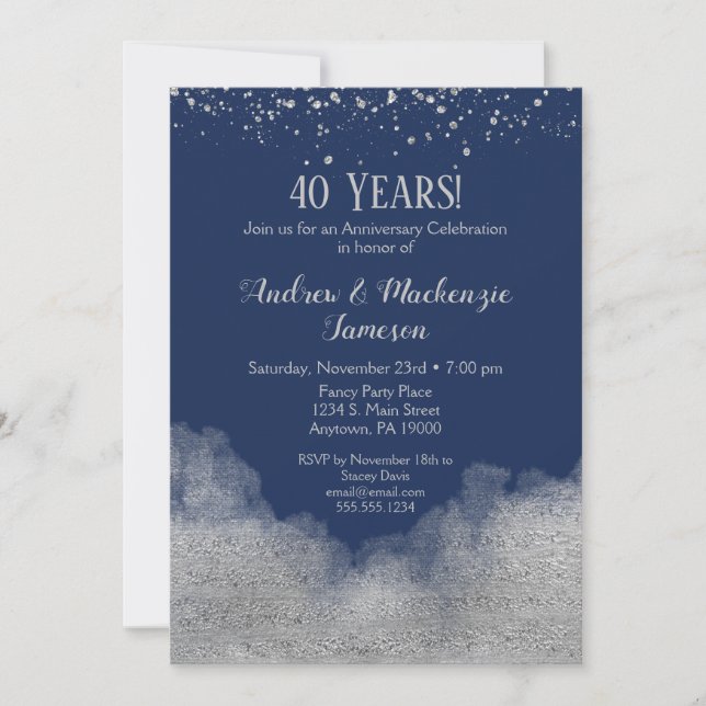 Navy Blue Silver Confetti Anniversary Invitation (Front)