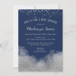 Navy Blue Silver Confetti Baby Shower Invitation