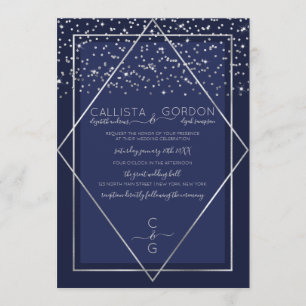 Navy Blue Silver Confetti Geo Border Wedding Invitation