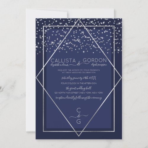 Navy Blue Silver Confetti Geo Border Wedding Invitation