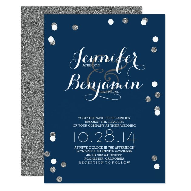 Navy Blue & Silver Confetti Modern Wedding Invite