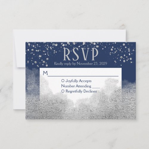 Navy Blue Silver Confetti RSVP Wedding Response
