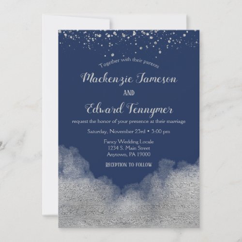 Navy Blue Silver Confetti Wedding Invitation