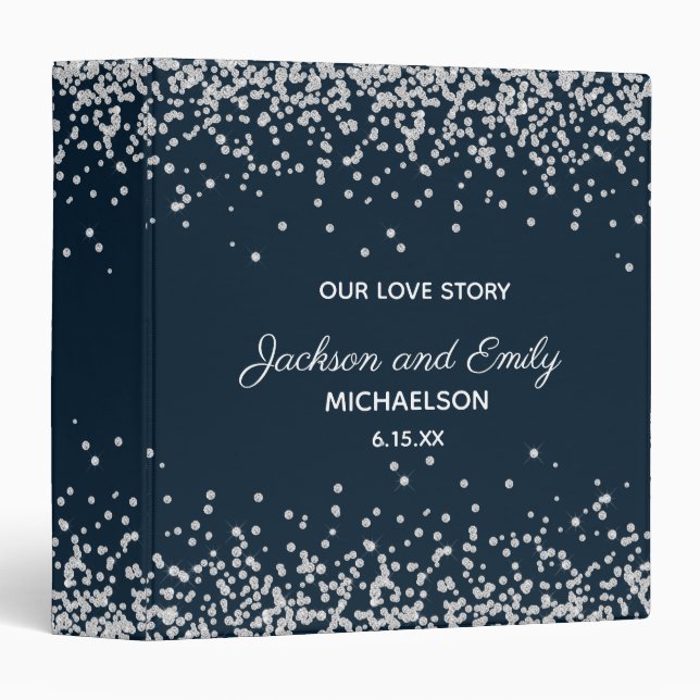 Navy Blue Silver Confetti Wedding Scrapbook 3 Ring Binder (Front/Spine)
