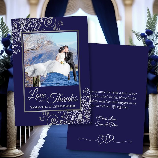 Navy Blue & Silver Curls Photo & Note Wedding Thank You Card (Front/Back)